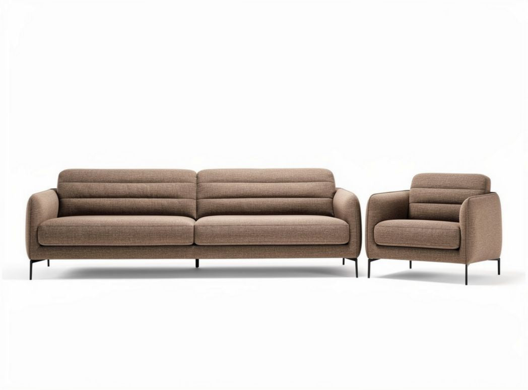 Sofa i fotel w kolorze brązowym z materiału tekstylnego o wymiarach 220 x 90 x 85cm