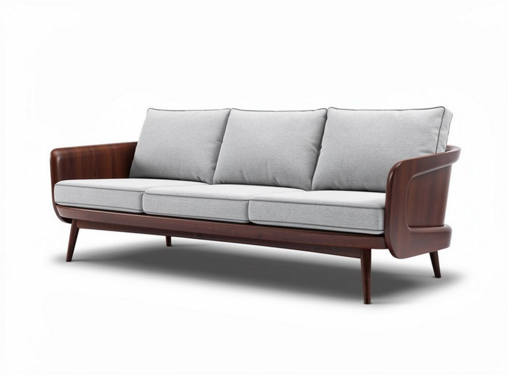 Sofa z drewna w kolorze ciemnego orzecha z szarym obiciem 200 x 80 x 75cm