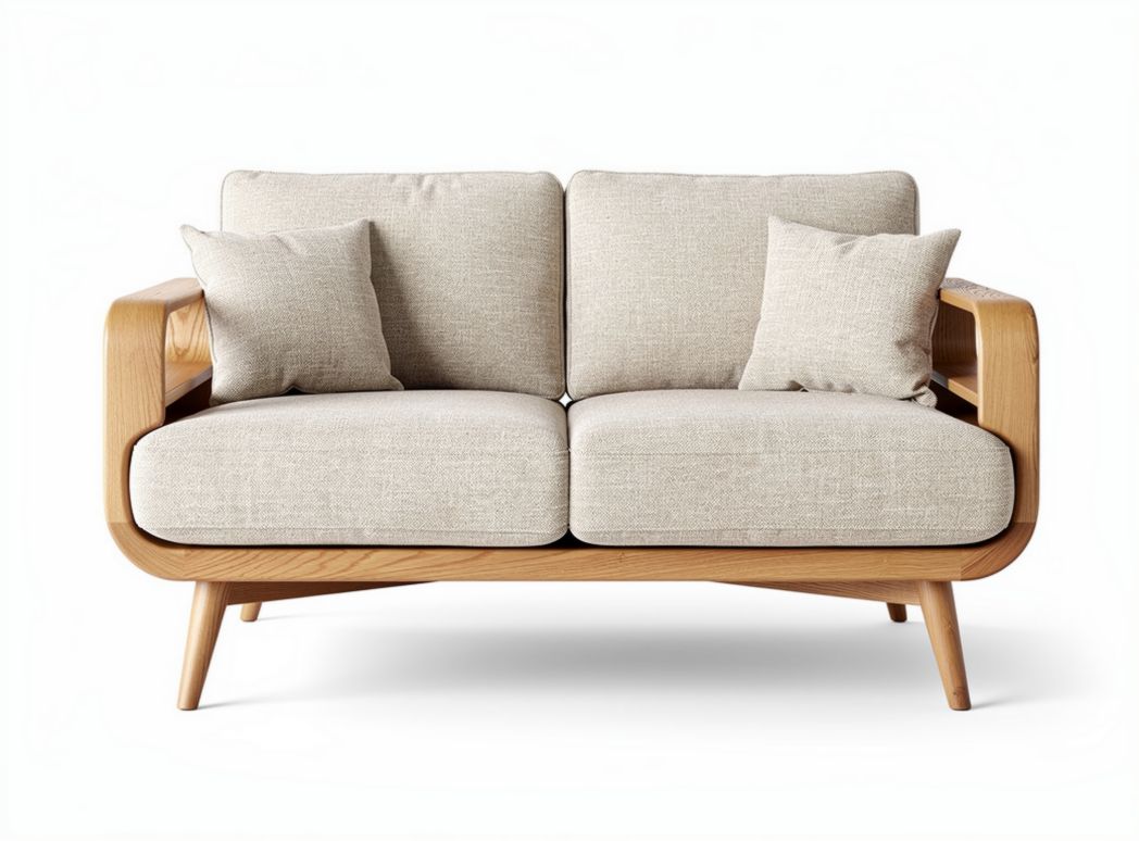 Sofa dwumiejscowa z drewna bukowego i tkaniny w kolorze jasnoszarym 150 x 80 x 70cm